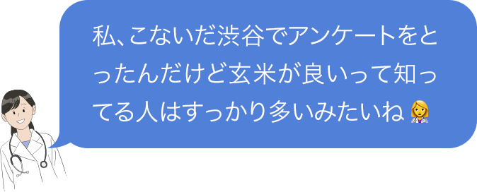 私、こないだ渋谷でアンケートをとったんだけど玄米が良いって知ってる人はすっかり多いみたいね